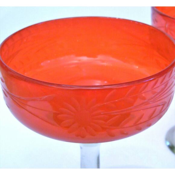Hand Blown Margarita Glasses 2 Artisan Etched 6.5" Red Glass Bowl Clear Stem Vtg - Picture 2 of 5